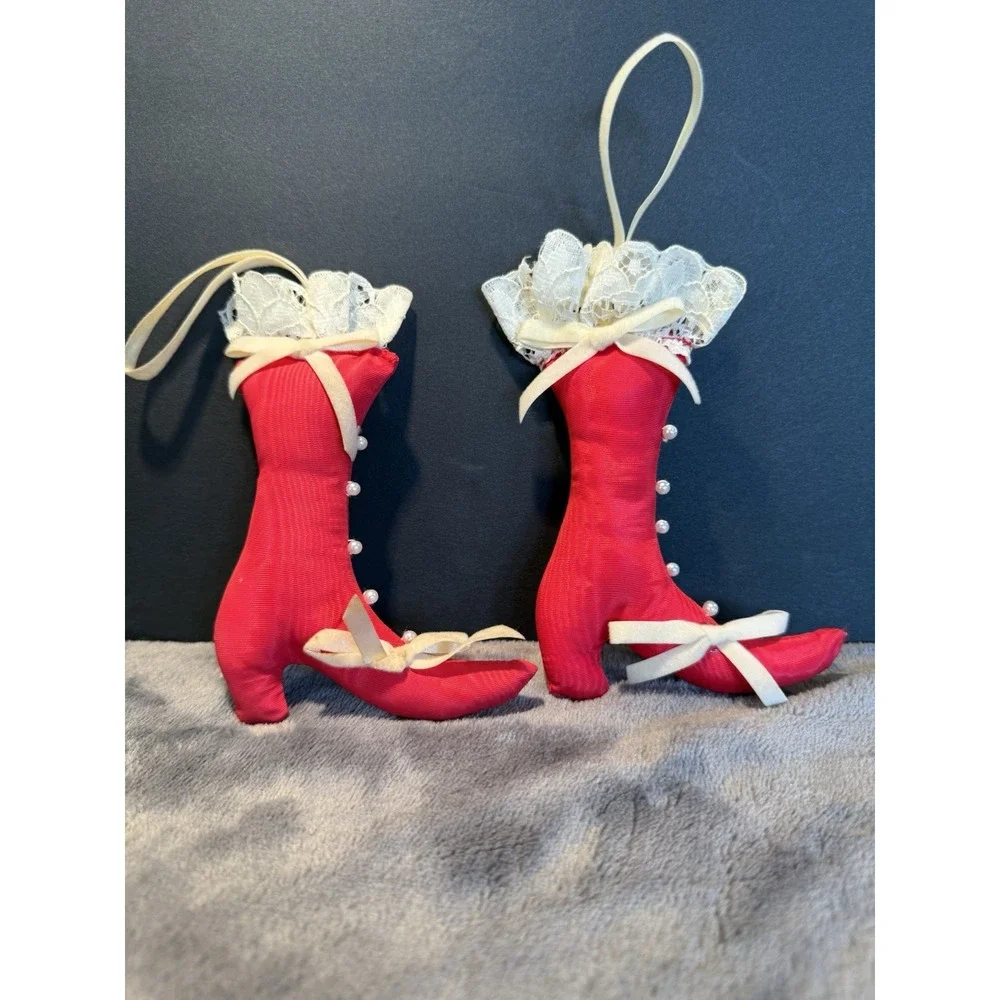 VTG 2 Victorian Red Stilettos High Heel Boot Faux Pearls Lace Christmas Ornament